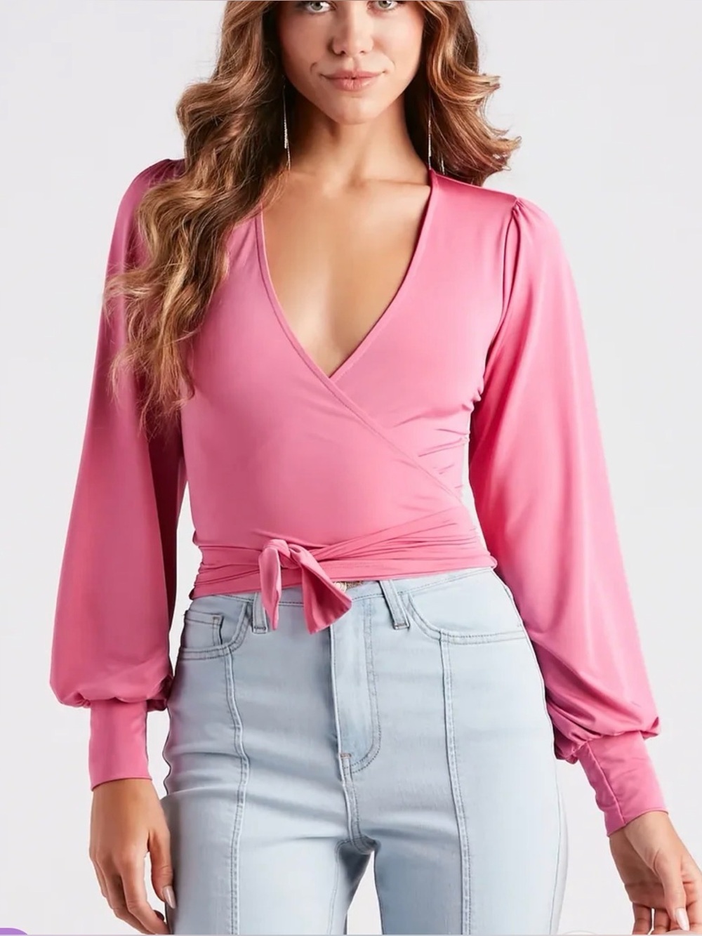 Windsor Coral Wrap Tie-Front Long Sleeve Blouse - Picture 2 of 4